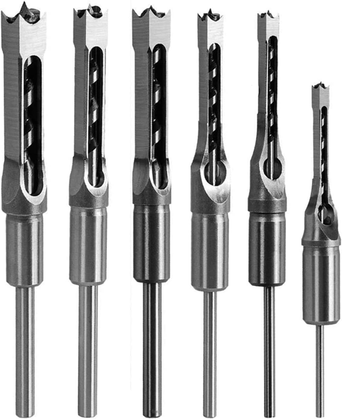 SaferCCTV 6Pcs Wood Square Hole Drill Bits Mortising Chisel Set, Mortise Chisel & Bit Set, Woodworking Mortiser Drill Bit 1/4-Inch, 5/16-Inch, 3/8-Inch, 9/16-Inch, 5/8-Inch, 1/2 -Inch