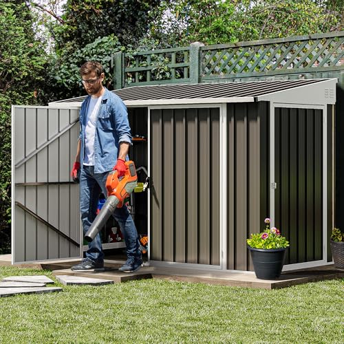 Image of DWVO 7' x 4' Outdoor Storage Shed, Large Metal Tool Sheds, Heavy Duty Storage House with 3 Lockable Doors & Air Vent for Backyard Patio Lawn to Store Bikes, Tools, Lawnmowers, Dark Gray