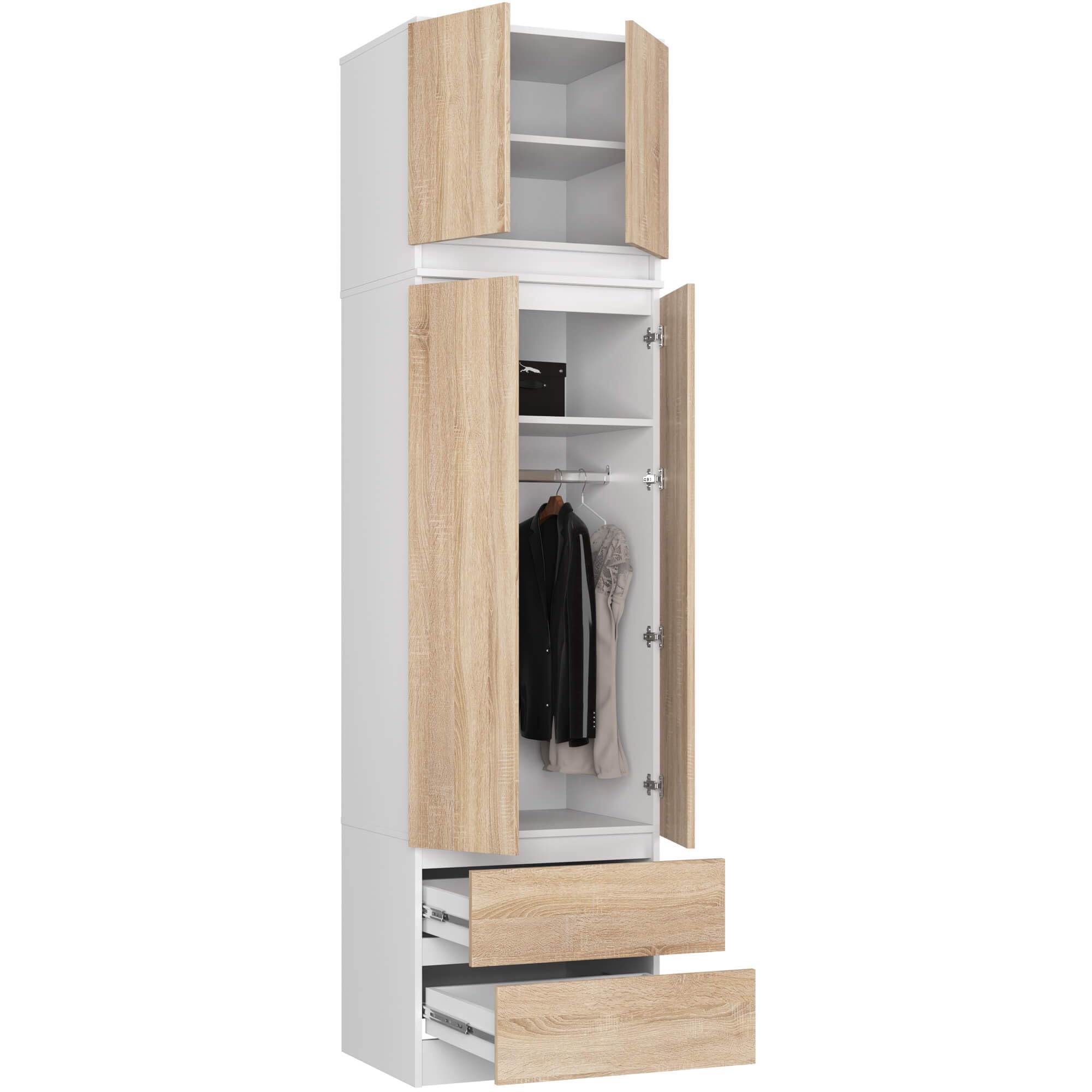 AKORD | Armadio con Estensione | Armadio con Ripiani, e Appendiabiti e Cassetti | 234 cm di Altezza | Mobiletto Cameretta Camera da Letto | Mobili soggiorno | Guardaroba |Bianco | Rovere Sonoma