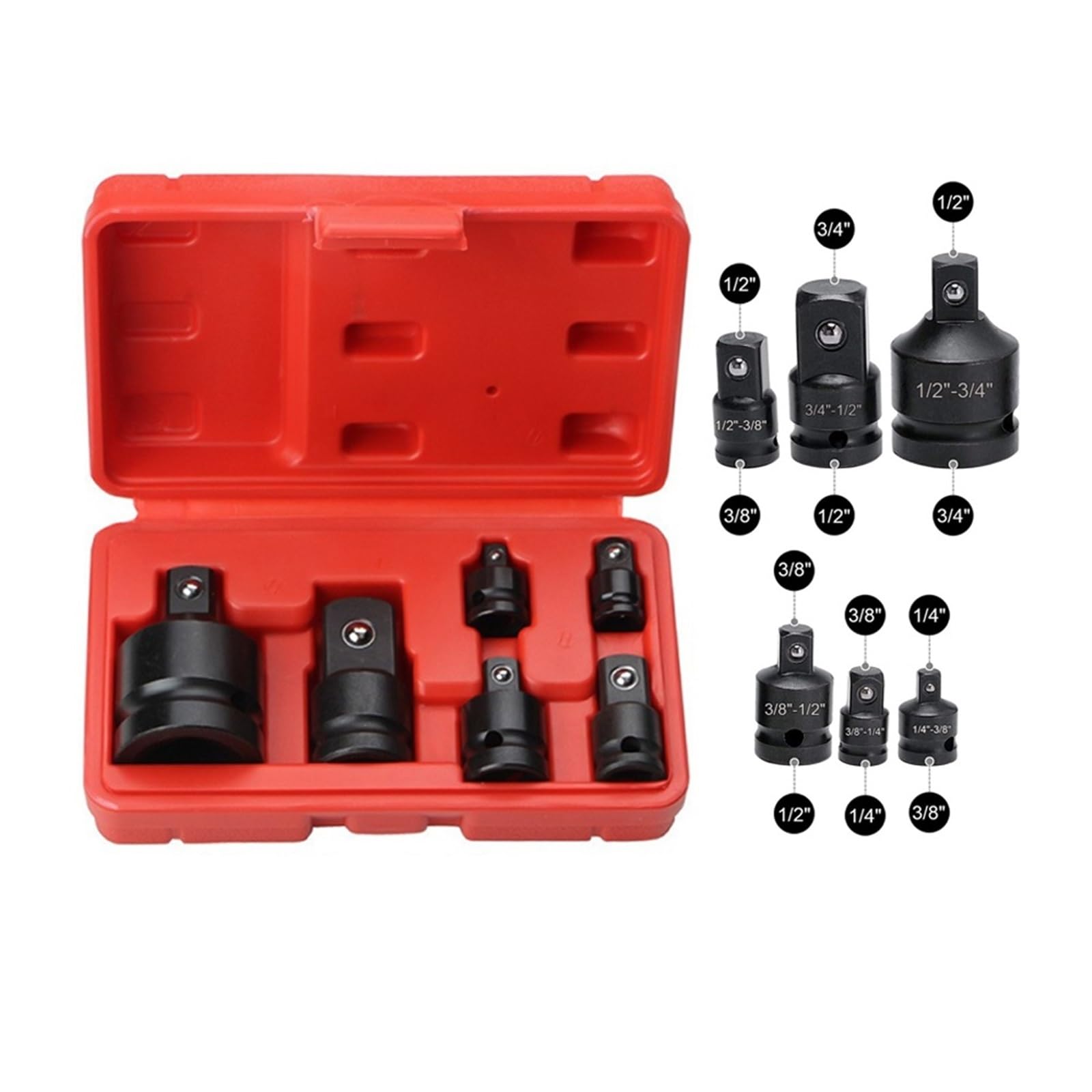 6 szt. Klucz nasadowy 1/4 1/2 3/8 3/4 Zestaw kluczy grzechotkowych pneumatycznych Adapter tulejowy Zestaw przedłużek
