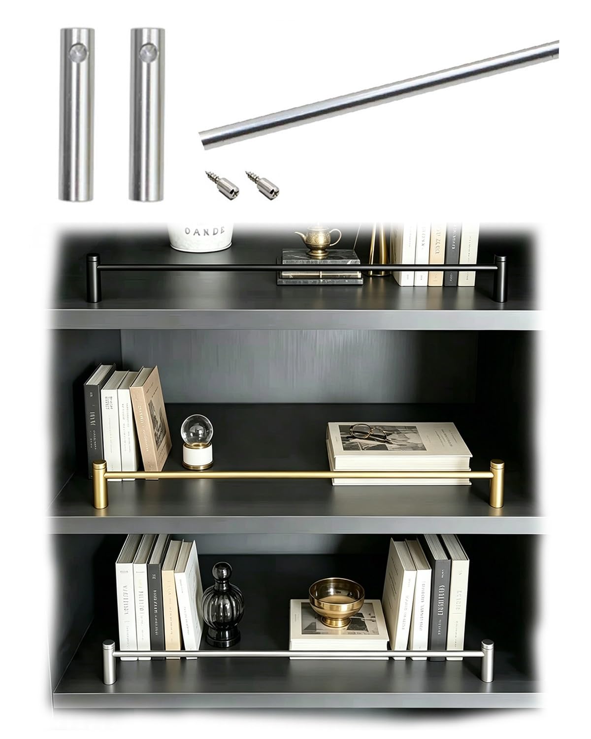 Zimgod Silver-A Aluminum Gallery Rail Kit For Bookshelves/Furniture/Cabinet, Shelf Edge Tipping Guardrail Rod, Decorative Shelving Fence With Spindles & Hardware(,52In/132Cm)