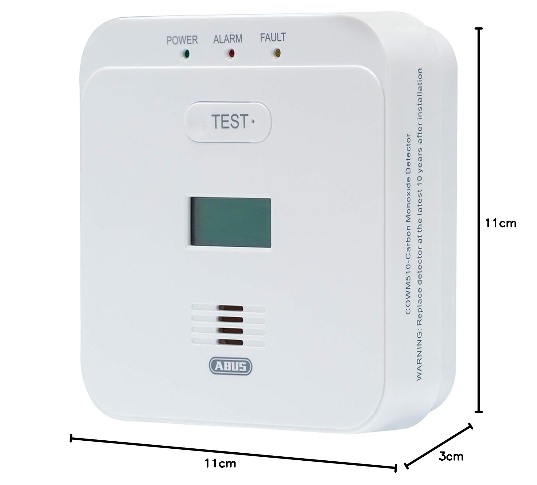ABUS Kohlenmonoxid-Warnmelder COWM510 85 dB Alarm Prüftaste 10-Jahres-Sensor LCD Display Weiß