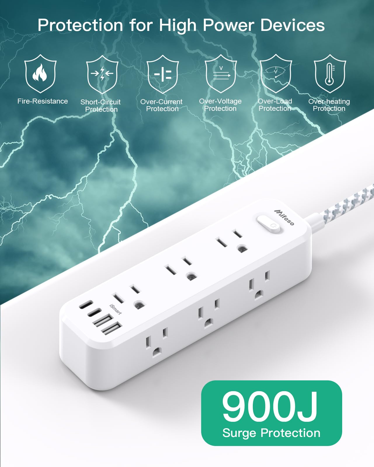 Cable de extensión de 15 pies, protector de sobretensión, cable de extensión largo con 9 tomas, 3 puertos USB, cable de extensión con múltiples tomas de corriente USB