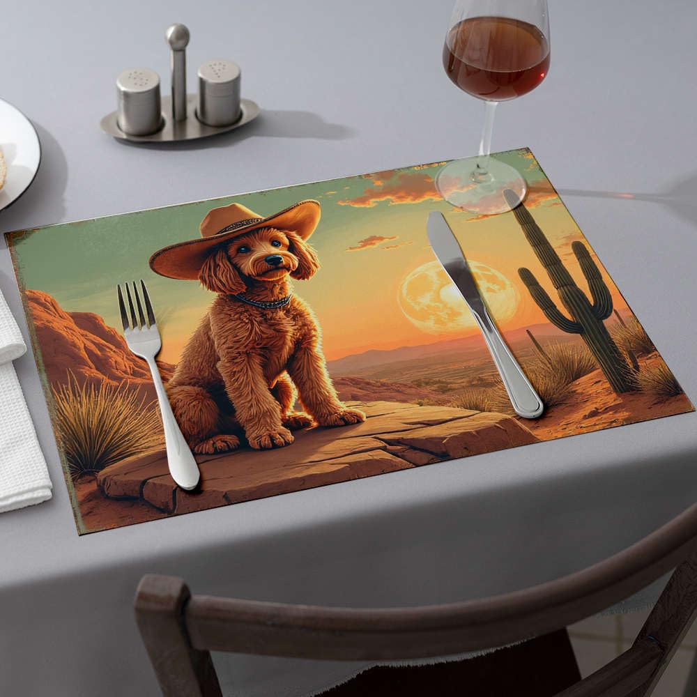 Finis les repas ternes avec le lot nappe et sets de table bleus chien cowboy pour salle à manger