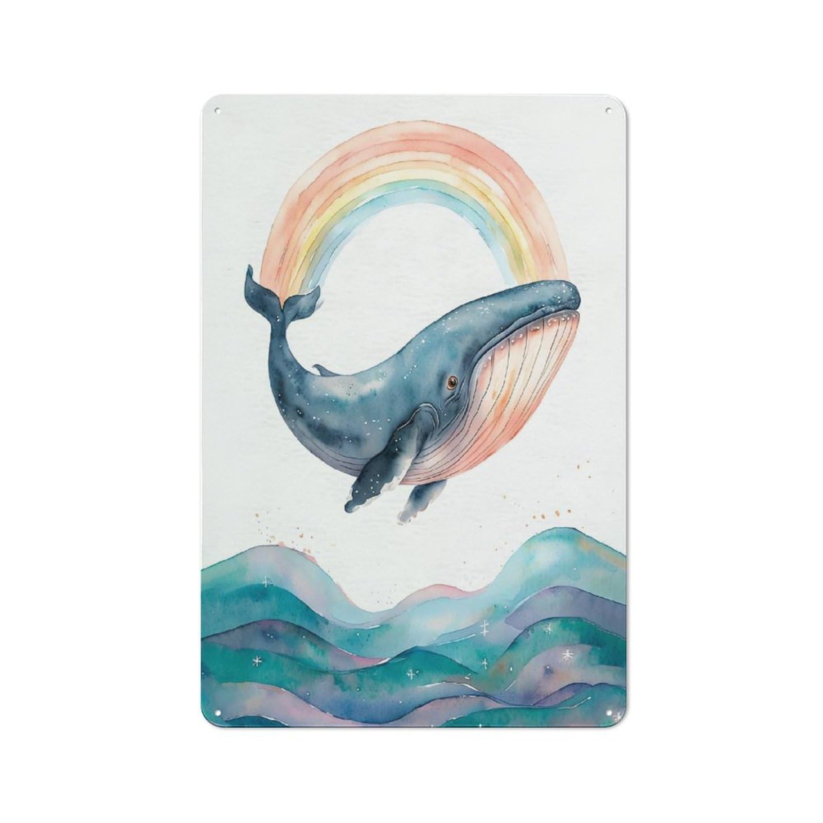 Junmoney Watercolor Whale With Rainbow And Waves Tin Wall Plaque 30X20cm With For Workshop Wall, Suited To Workshop Decor Fans, For Retro Home Interiors