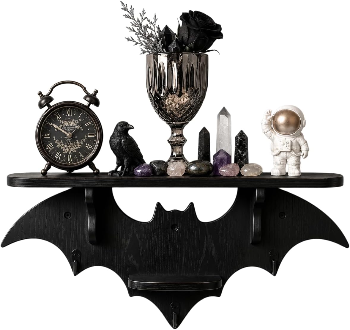 Goth bat wall Shelf，Floating Shell with 3 Hooks for wall Decor | Gothic Wooden Wall Basket, Black Storage Organizer for Living Room, Bedroom, Kitchen, Goth Room