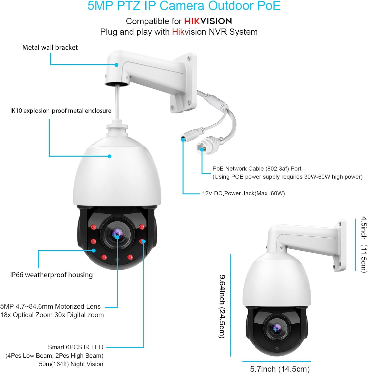 Blасk Frіdау - 60% оƒƒ 5MP PTZ IP Camera PoE Outdoor Speed Dome with Pan Tilt 18x Optical Zoom 30x Digital Zoom,164ft IR Night Vision,Motion Detect,IP66 Waterproof,WDR,Compatible for Hikvision