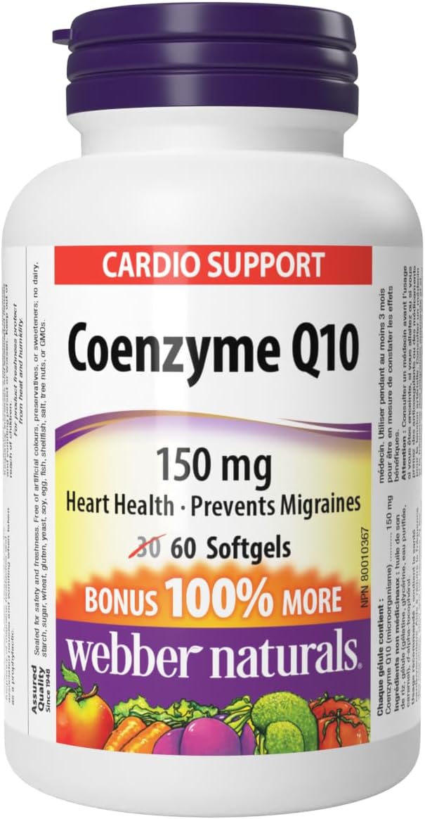 Webber Naturals Webber Naturals CoQ10 150 mg, 60 Softgels, For Heart and Migraine Support, High Potency Antioxidant