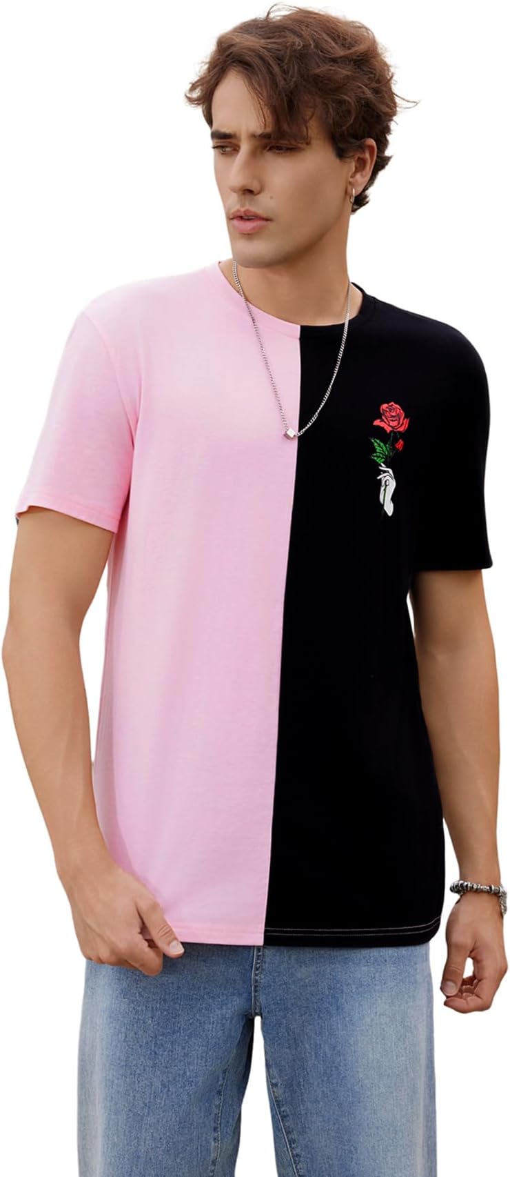 OYOANGLEMen's Casual Colorblock Floral Print Short Sleeve Crew Neck Tee Shirt Top