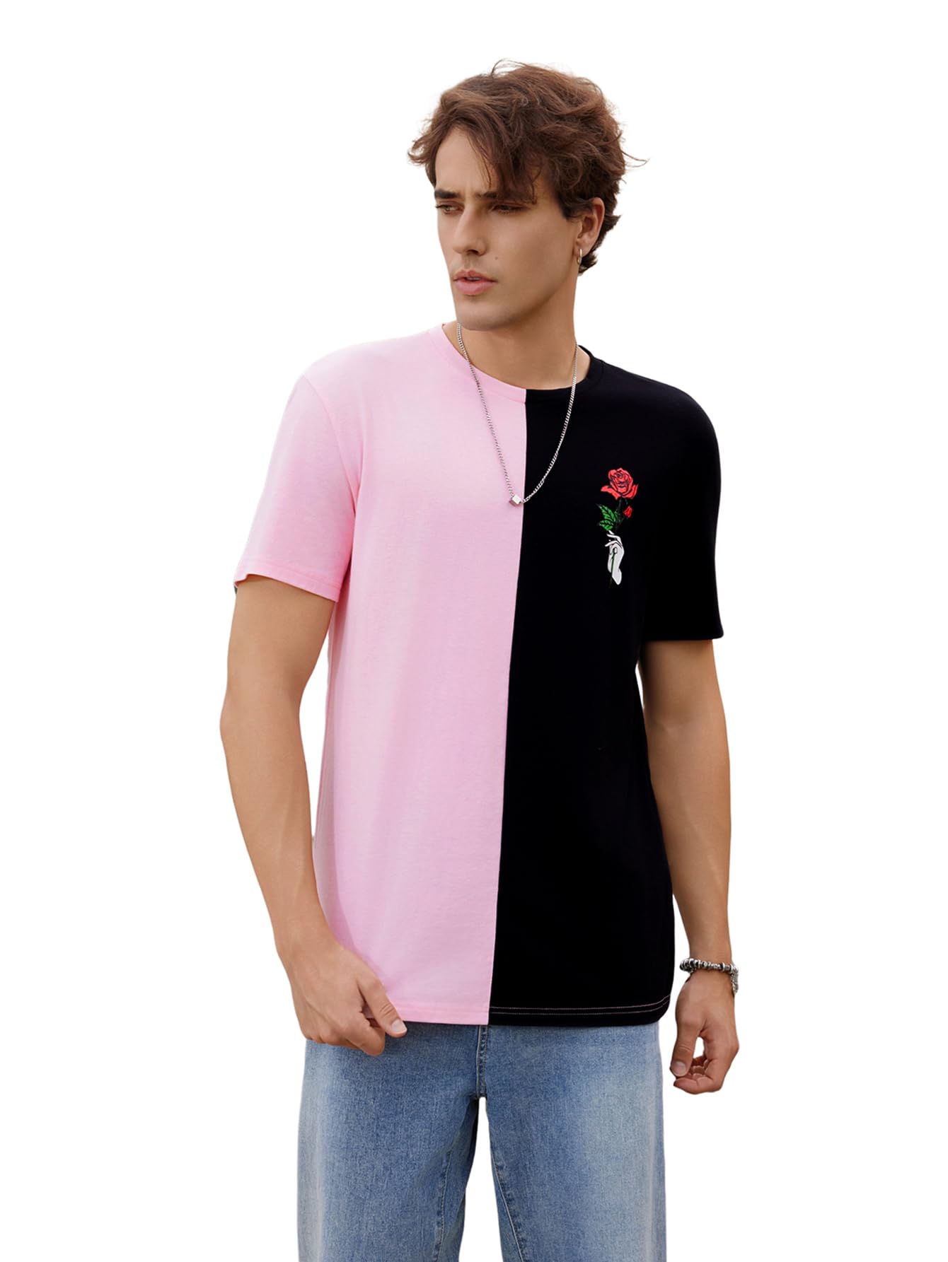 OYOANGLEMen's Casual Colorblock Floral Print Short Sleeve Crew Neck Tee Shirt Top