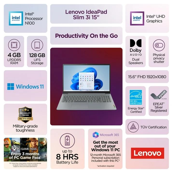Image of Lenovo IdeaPad Slim 3i 15.6 inch FHD Laptop, Intel Processor N100, 4GB DDR5 RAM, 128 SSD, WiFi 6, Windows 11 Home in S Mode, Arctic Grey, 82XB00HVUS