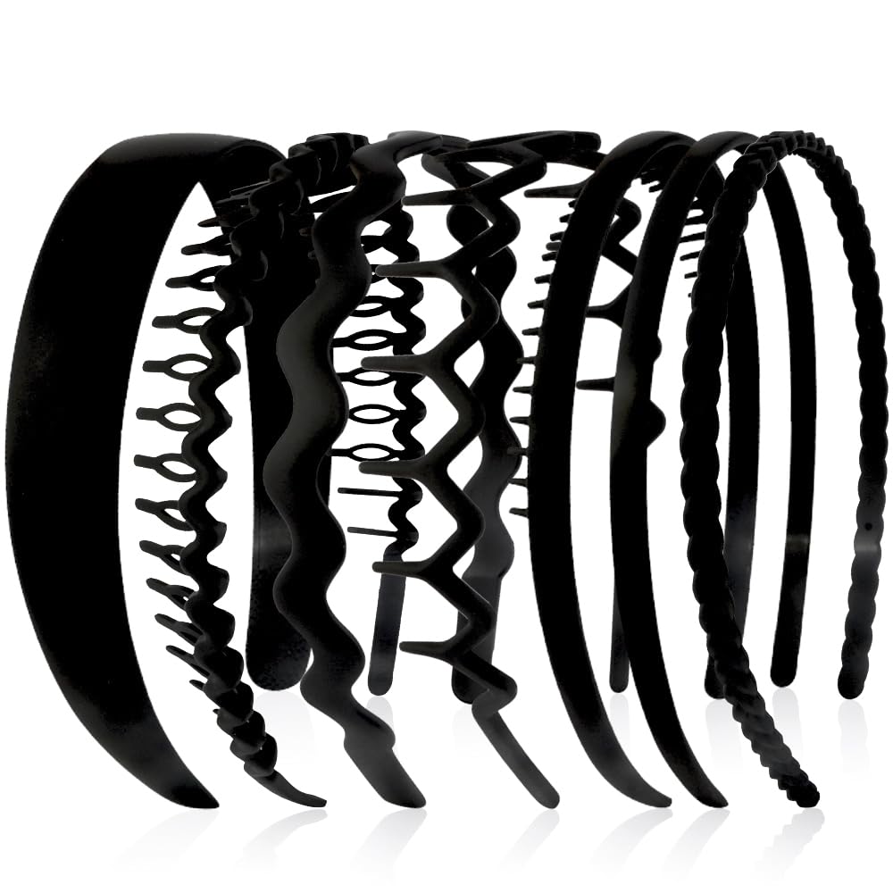 AHONEY 7 Pack Black Headbands for Women Mens Headbands with Teeth Non Slip Hairbands for Women's Hair Accessories Comb Headband Diademas Para Mujer (