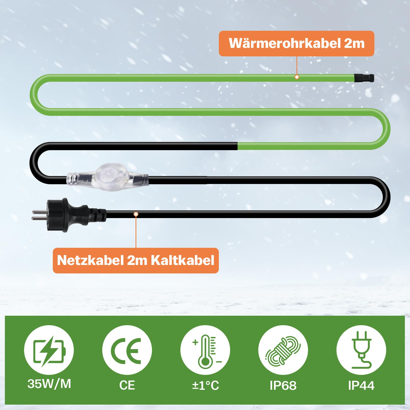 Cable calefactor de 2 m con termostato, 35 W/m, autorregulable, con protección antihielo y luz indicadora de funcionamiento, para tuberías de agua, canalones y abrevaderos, IP68