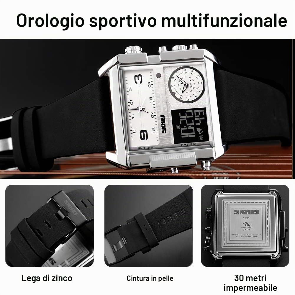 SKMEI Orologio da polso digitale sportivo da uomo, con quadrante quadrato grande, al quarzo, con cronometro impermeabile multi-fuso orario