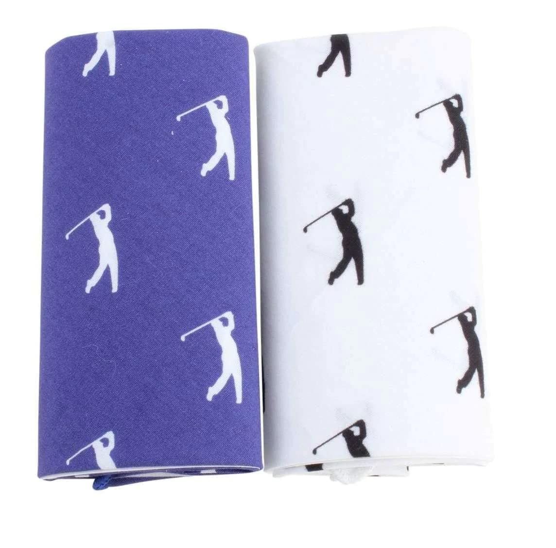 Dalaco Two Golf Print Cotton Handkerchiefs with a golfer taking the shot, one each of blue and white in a David Aster presentation box