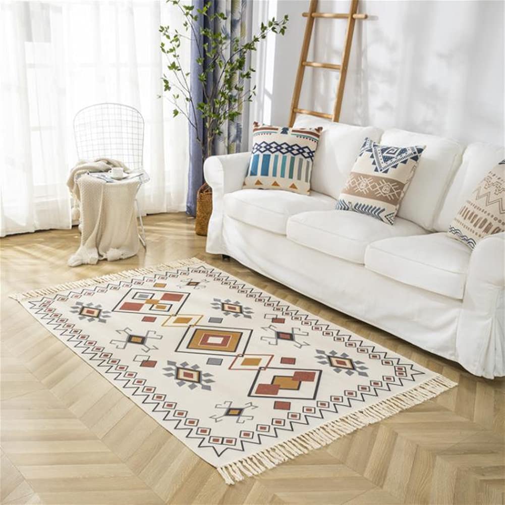 tappeto vintage in cotone, con nappe, tessuto a mano, per interni, bianco, per soggiorno, bagno, camera da letto (120 x 180 cm)