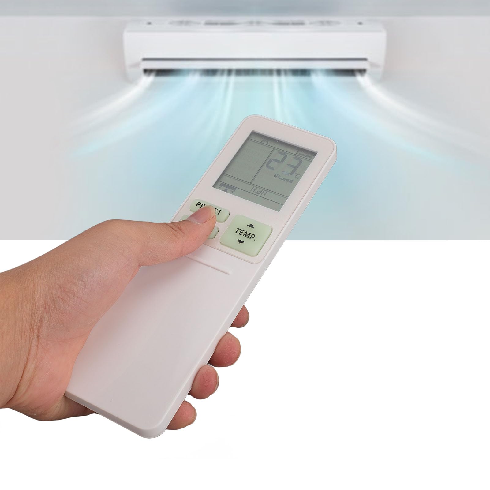 Diyeeni WH TA11PE remote control in hand, with an air conditioner unit visible in the background.
