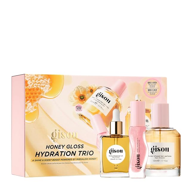 Gisou Gisou Honey Gloss Hydration Trio – Hair Oil, Watermelon Sugar Lip Oil & Wildflower Honey Perfume Gift Set for Glossy Shine, Hydration & Long-Lasting Scent