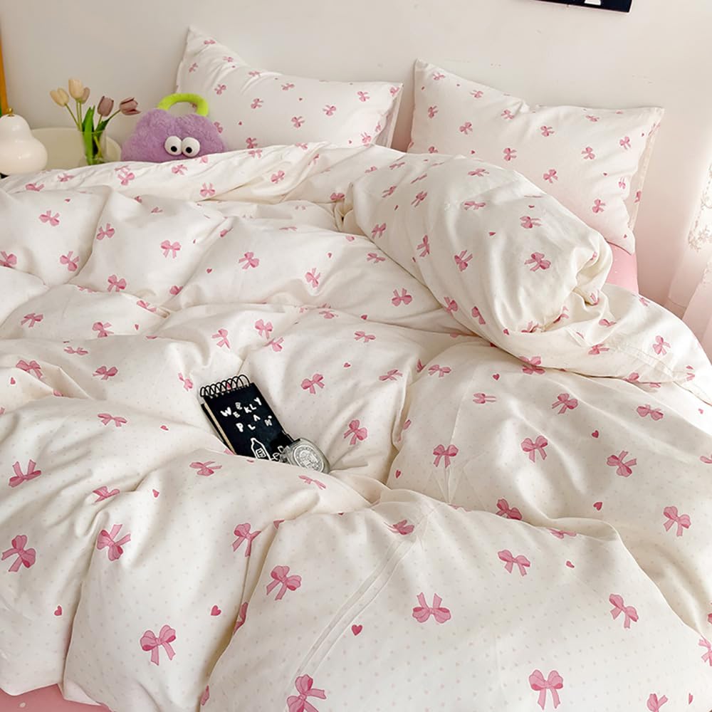 Covebett Pink Bow Duvet Cover King Heart Bows Bowknot Print Kawaii Bedding Set Kids Girls Cute Pink White Bow Tie Microfiber Comforter Cover 220x230 cm with Zipper Closure and 2 Pillowcases 50x75 cm - Image 4