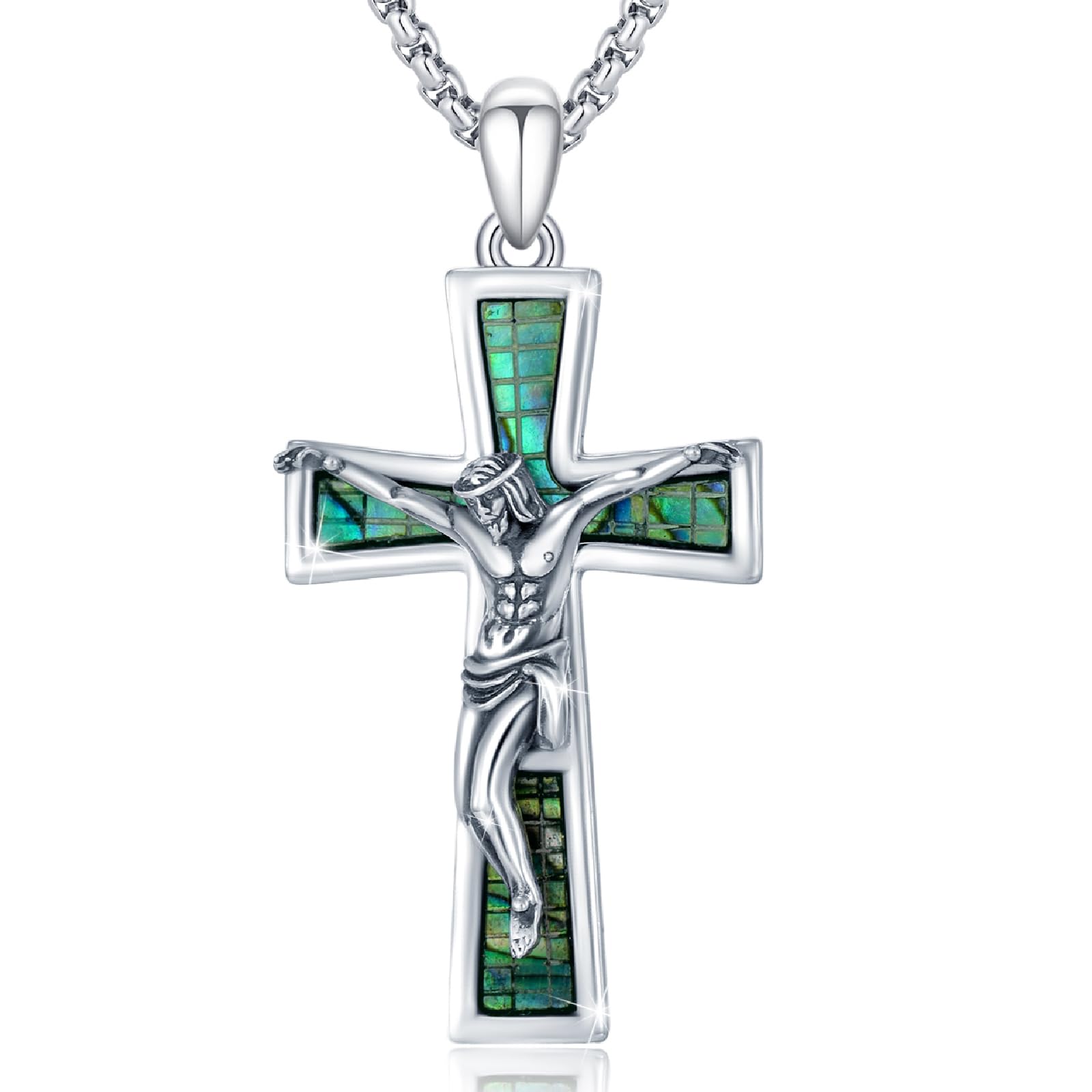 Kreuz Halskette für Männer Frauen 925 Sterling Silber Kruzifix Jesús Kreuz Anhänger Saint Amulett Halskette Abalone Conschelkreuz Religiöser Schmuck Geschenke22 +2 Zoll Edelstahlkette, 37 mm,