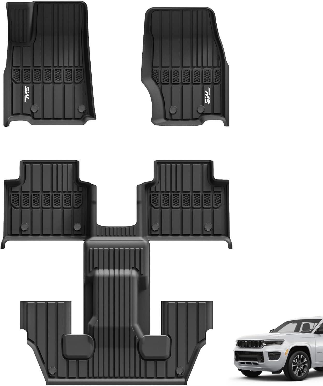 3W Floor Mats Fit for Jeep Grand Cherokee L 2021-2025 2026, TPE All Weather Custom Fit Floor Liner for 1-3 Rows Full Set Car Mats Black (Only for 6 Seater Without Center Console)