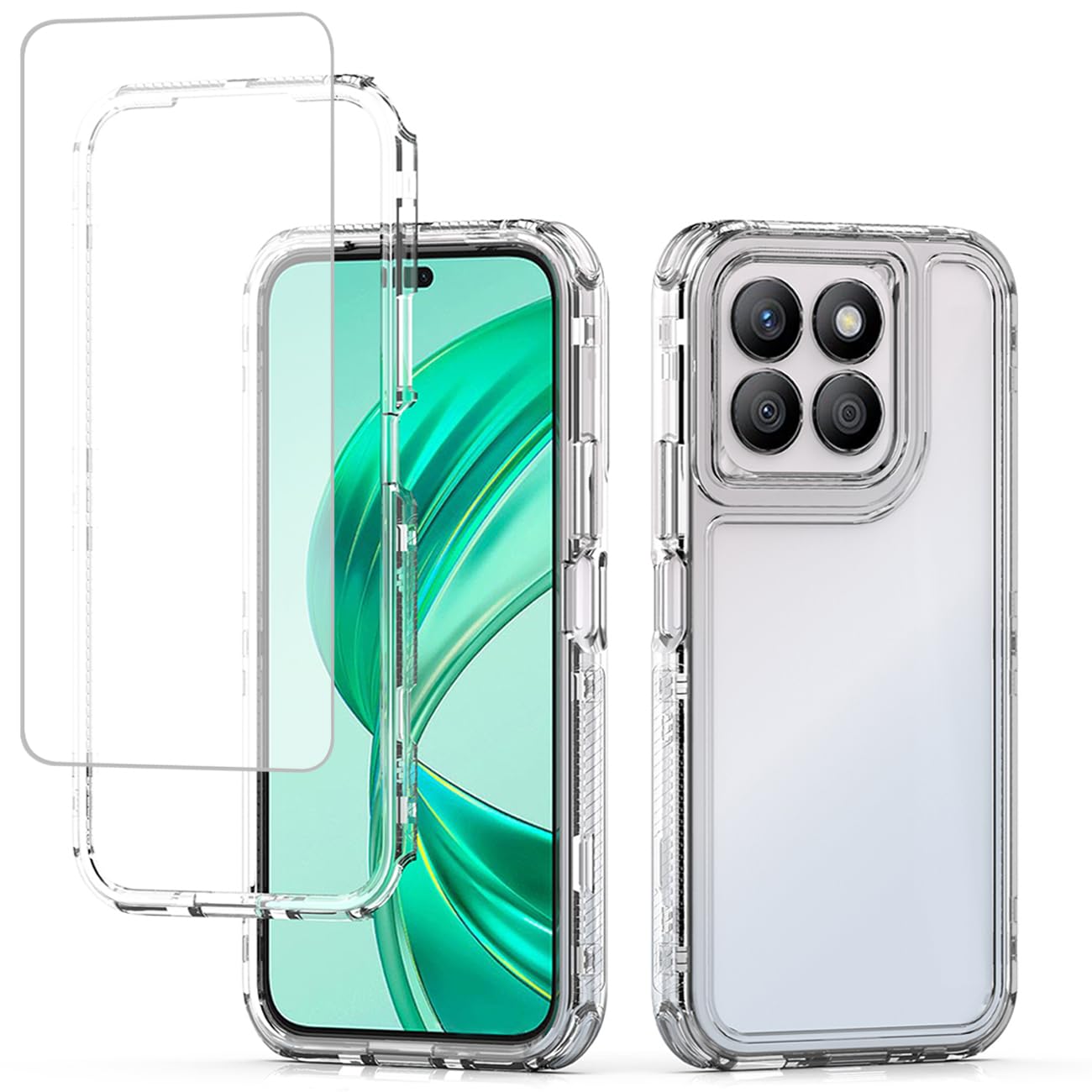 Ueokeird Case for Honor X8b, Crystal Clear Heavy Duty Full Body 3 Layer Protective Phone Cover with Tempered Glass Screen Protector Cover for Honor