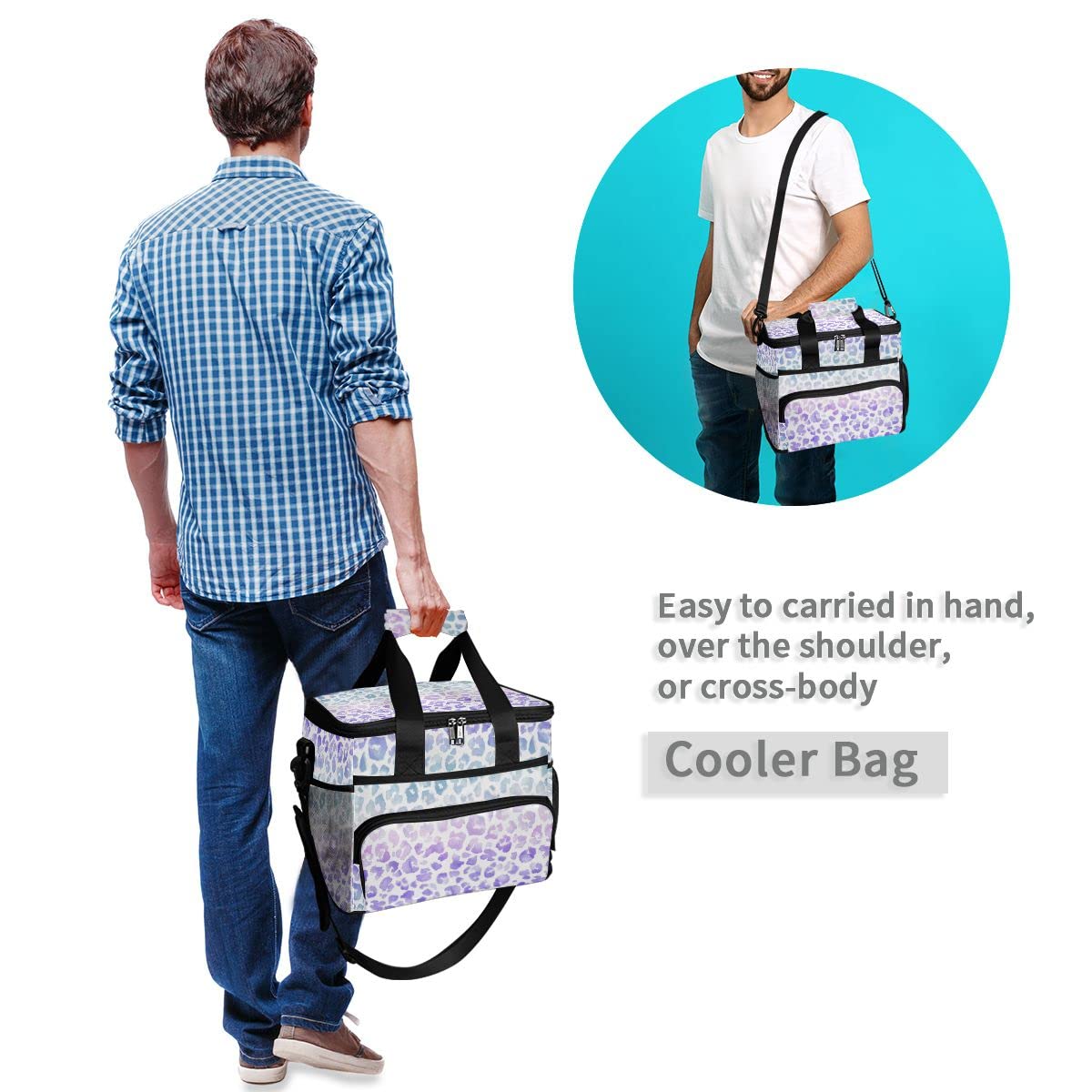 Bolsa de picnic de 15 L, 24 latas, bolsa de almuerzo aislada con teñido anudado morado leopardo para viajes, camping, barbacoa, actividades al aire libre, asas, correa para el hombro