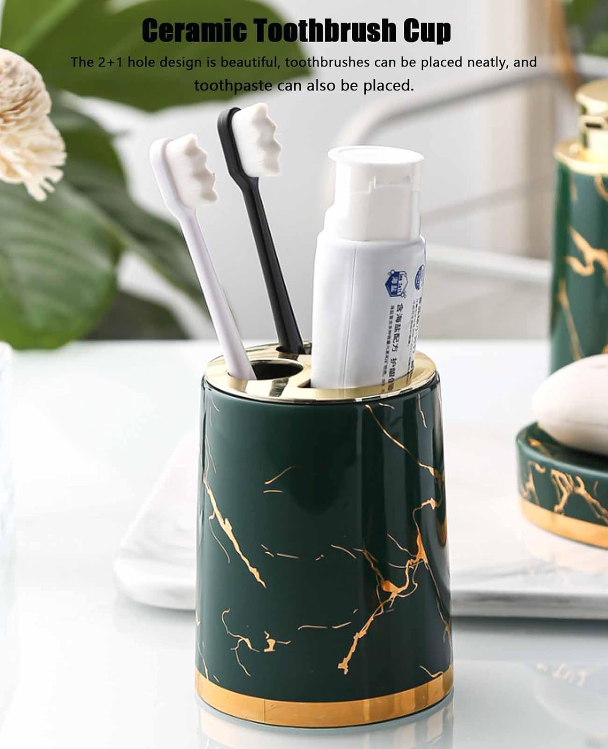 CLOUDEMO 5 Pcs Ceramic Bathroom Accessories Set, Bathroom Soap and Toothbrush Holder Set, Bathroom Accessory Set, Include Toothbrush Holder, Tumbler, Soap Dish, Soap Dispenser (Black Gold)