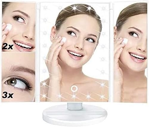 Miniatura 2 de Espejo de maquillaje tríptico, espejo de tocador iluminado con LED, pantalla con botón en T, rotación de 180, espejo cosmético de mesa