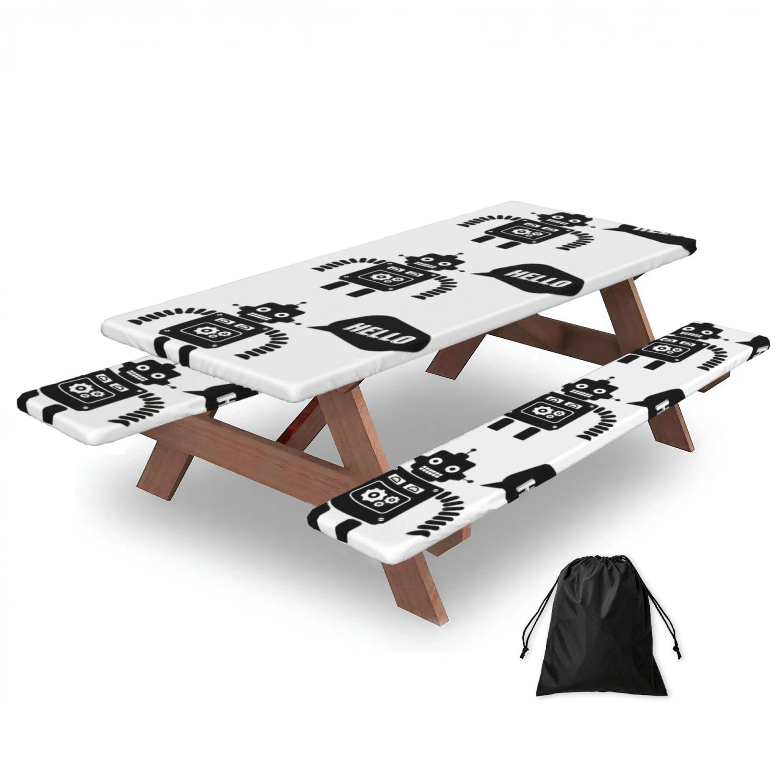 Zyjhyy Black Robot Print Party Table Covers With Bench Covers Set Of 3 Picnic Table Cloth Wipe Clean For Garden Camping