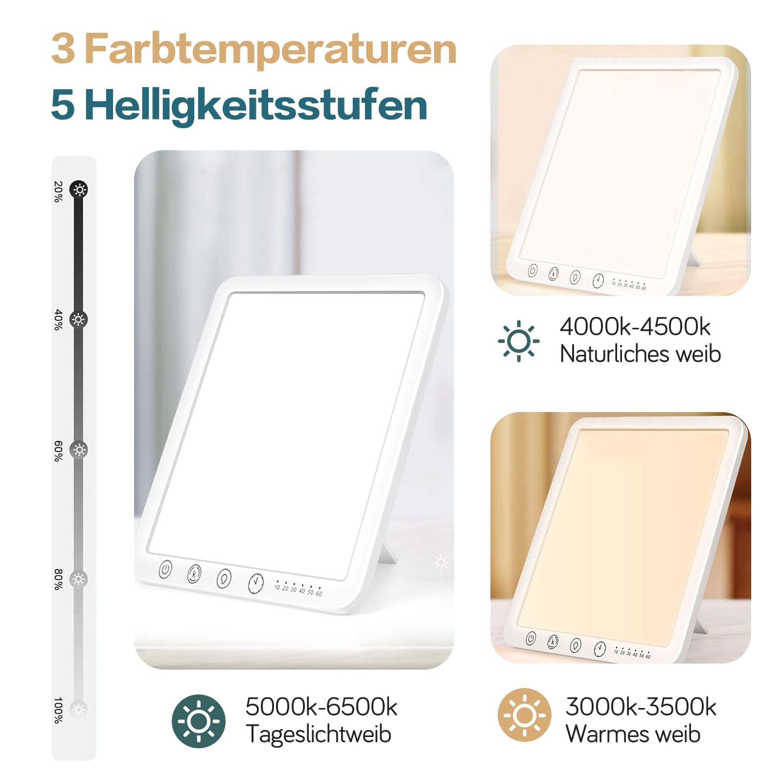 Tageslichtlampe 15000 Lux,LED Lichttherapielampe Tageslicht mit 3 Farbtemperaturen 6 Timer,LED Daylight Lampe, Touch-Control Sonnenlicht Lampe, Vollspektrumlampe für Zuhause/Büro