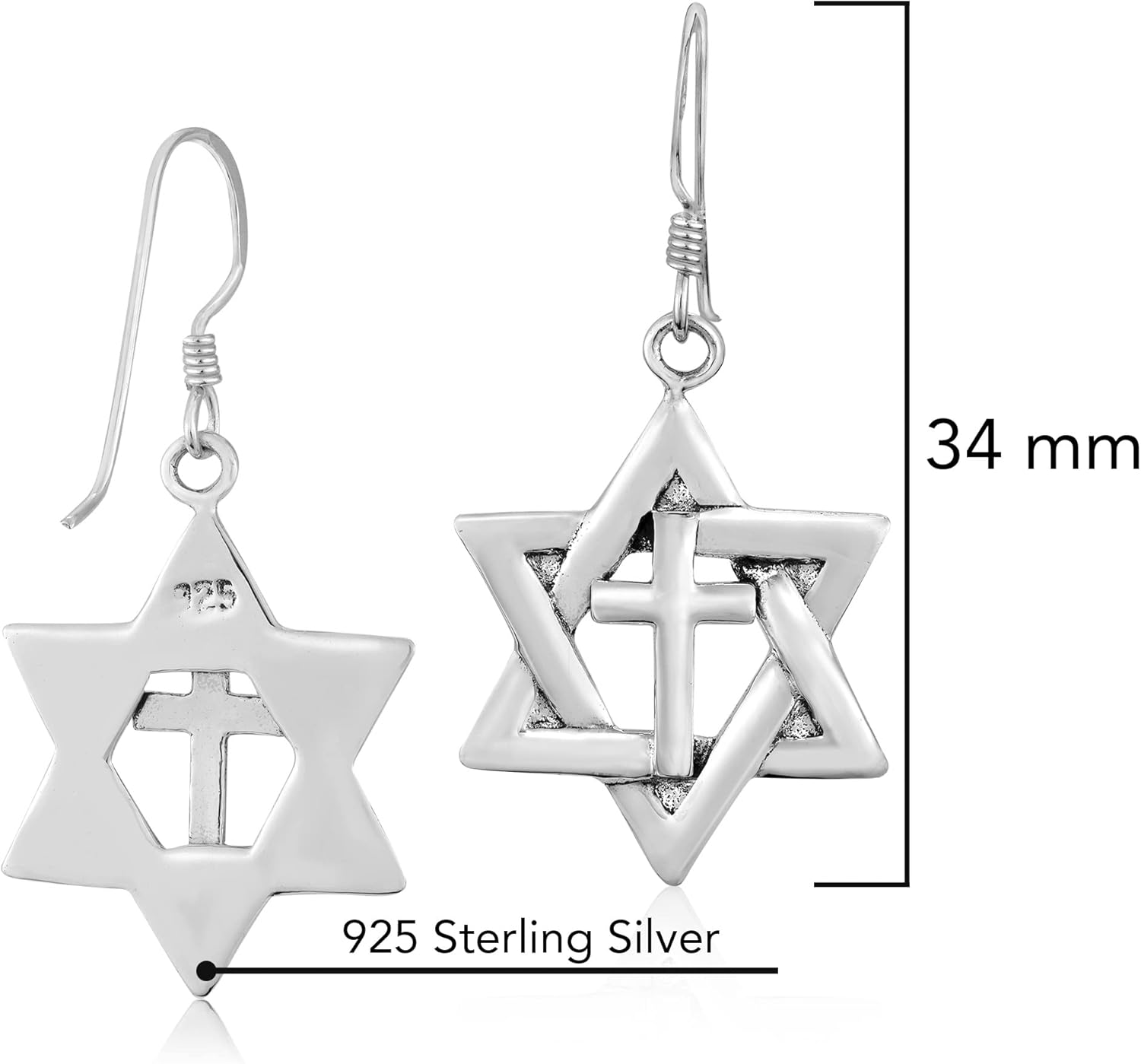 Beautiful Faith Star of David and Cross .925 Sterling Silver Dangle Earrings