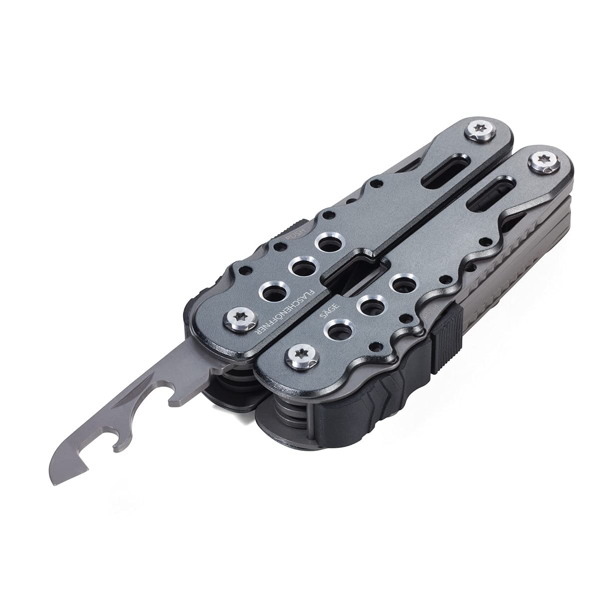 TROIKA Outil de Travail - TOL41/GY - Outil Multifonction avec 10 Fonctions - Ressort intégré et Fonction de Blocage - Pince, Couteau, scie, décapsuleur, ouvre-boîte - TROIKA Original