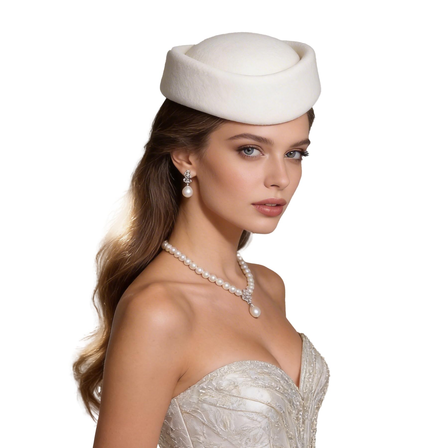Photo 1 of Wool Felt Pill Box Hats for Women Vintage 60s Fascinators Church Hats Cocktail Stewardess Derby Hats with Comb White