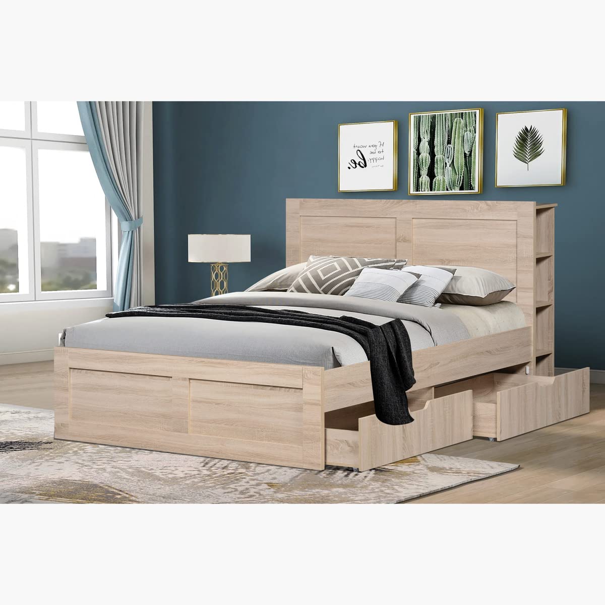 Home BoxCooper Brussel 4-Drawer Sonoma Oak Queen Smart Bed With Storage Headboard 232 X 112 X 166 Cm Beige