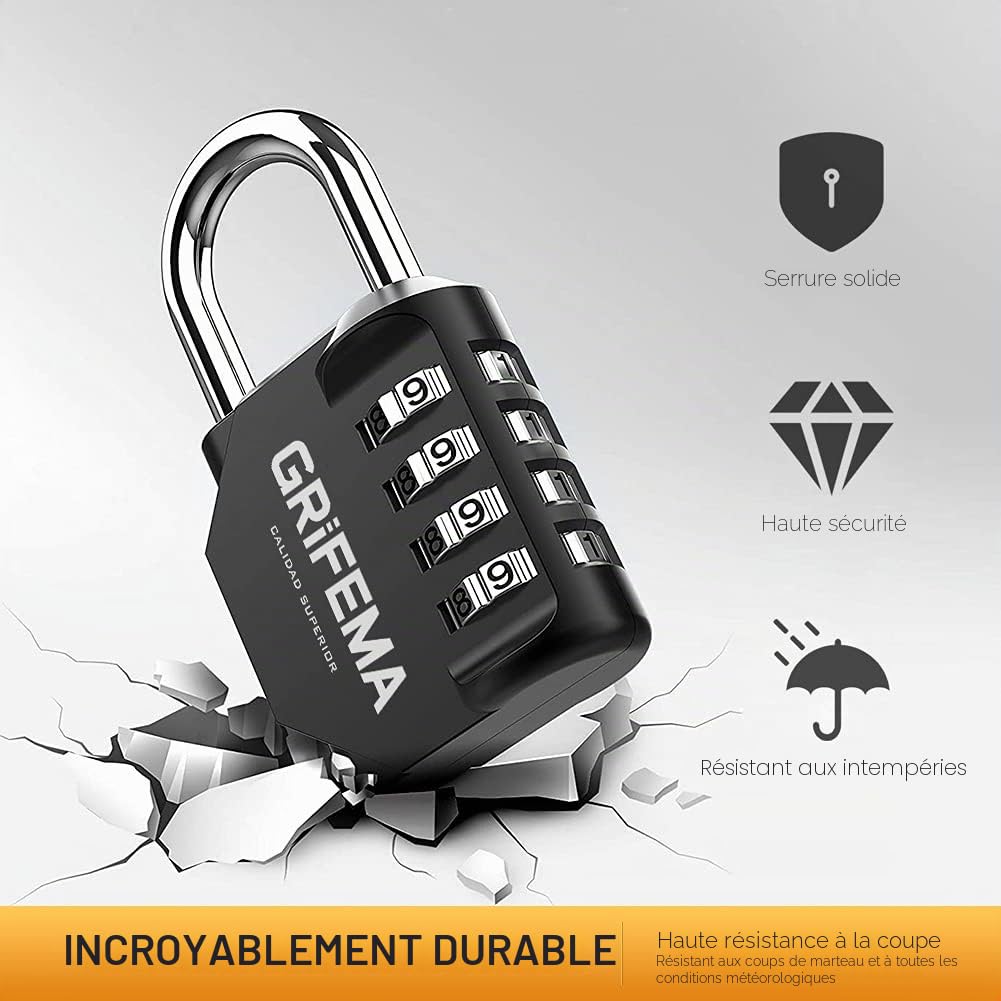 GRIFEMA GA1001-1 Cadenas Code 4 Chiffres Résistant Aux Intempéries Alliage de Zinc Noir