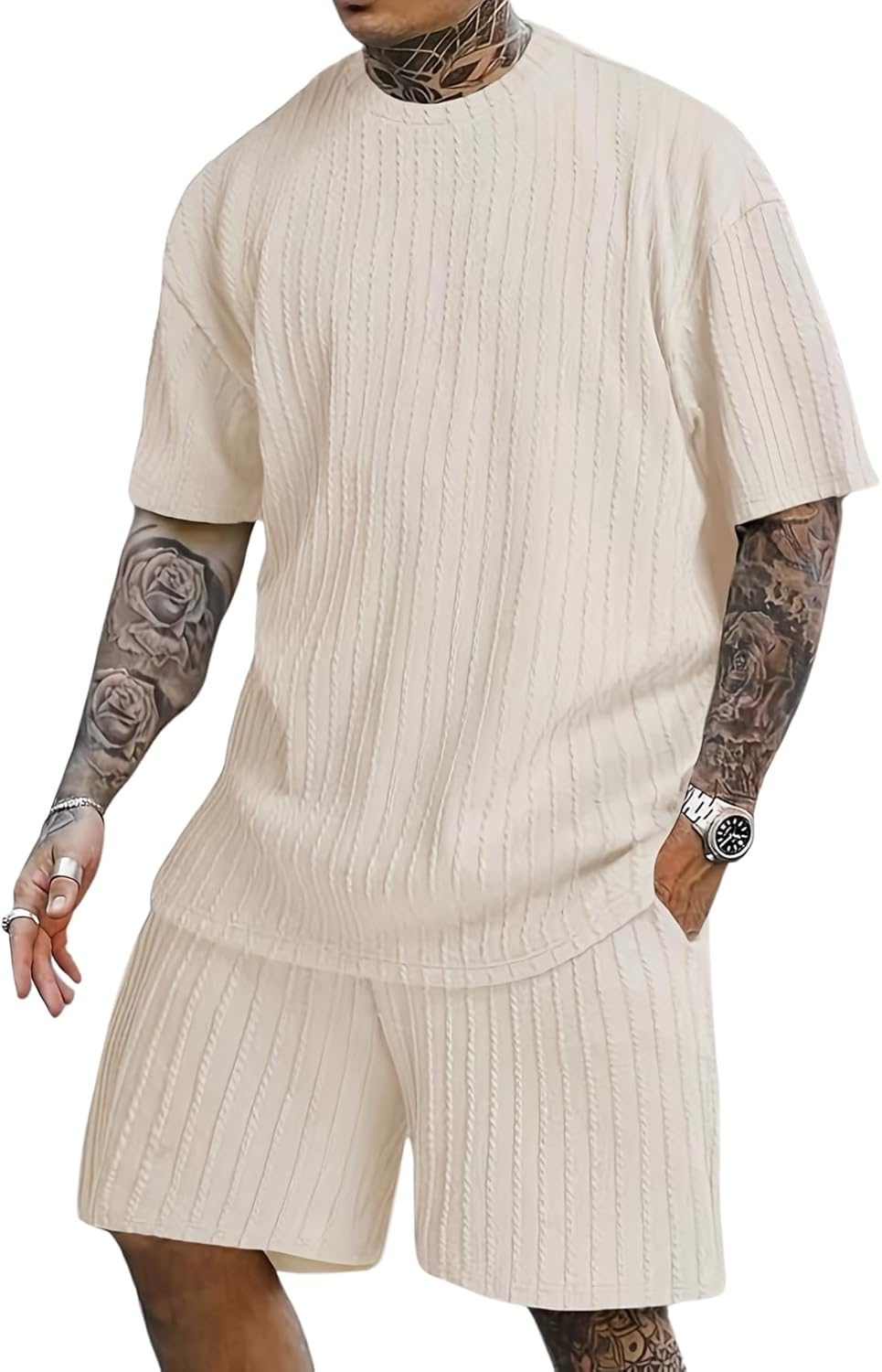 Men's 2 Piece Outfits Crewneck Short Sleeve T Shirt and Drawstring Relaxed Fit Track Shorts Set