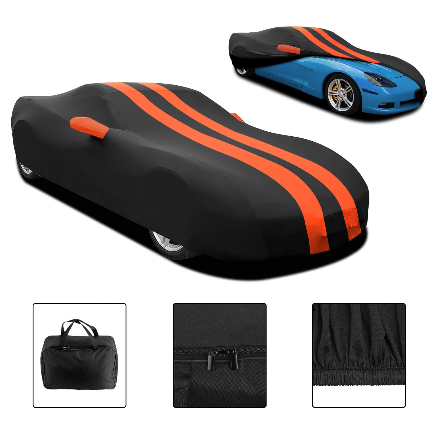 TECTICO Telo Copriauto Auto Sportiva Interno 4,6-4,9m Elastico Tessuto Traspirante Resistente ai Graffi Antipolvere per Garage e Salone, Nero+Arancione