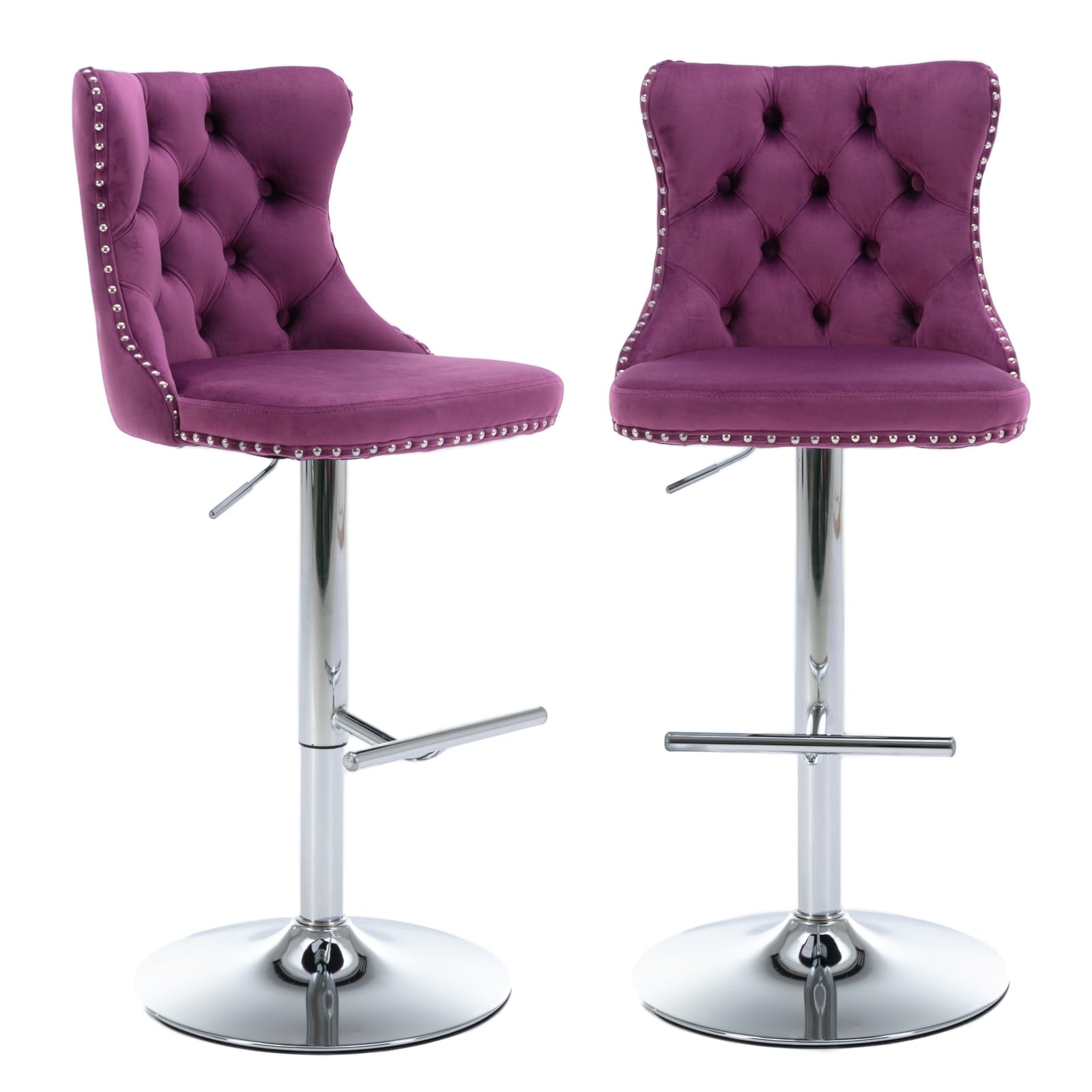 BEIDOR Adjustable Height Bar Stool Set of 2, Swivel Barstools with Tufted Back and Chrome Metal Base, Velvet Fabric Upholstered Bar Chairs for Kitchen