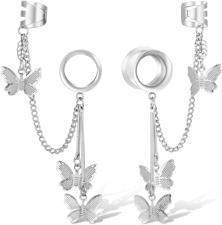 Casvort 2 PCS 6mm-16mm Fashion 316 Stainless Steel New Double Flared Butterfly Ear Cuff Clips Dangle Ear Plugs Tunnels Gauges Stretcher Piercings Body Jewelry