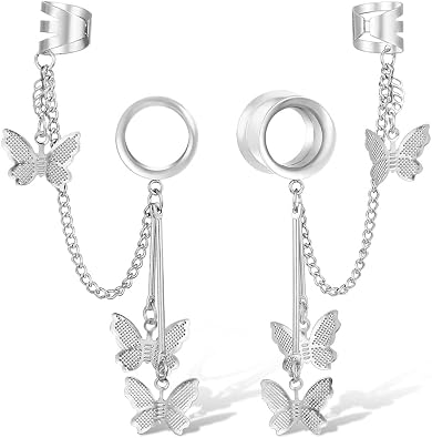 Casvort 2 PCS 6mm-16mm Fashion 316 Stainless Steel New Double Flared Butterfly Ear Cuff Clips Dangle Ear Plugs Tunnels Gauges Stretcher Piercings Body Jewelry