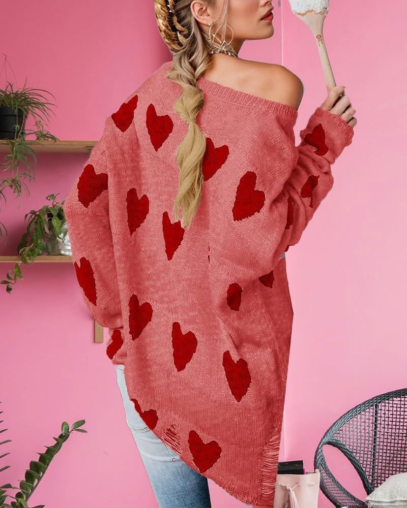 Valentines Heart Sweater for Women Crewneck Long Sleeve Knitted Cute Sweaters Shirts Ripped Hem Red Tops - Image 3