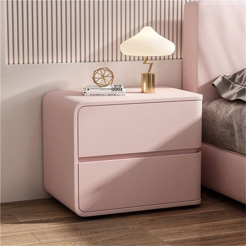 Modern with 2 Drawers, Leather Bedside Table, Solid Wood Frame, Curved Profile Design End Living Room Bedroom Storage Cabinet(Pink-A,15.7x15.7x18.9in)