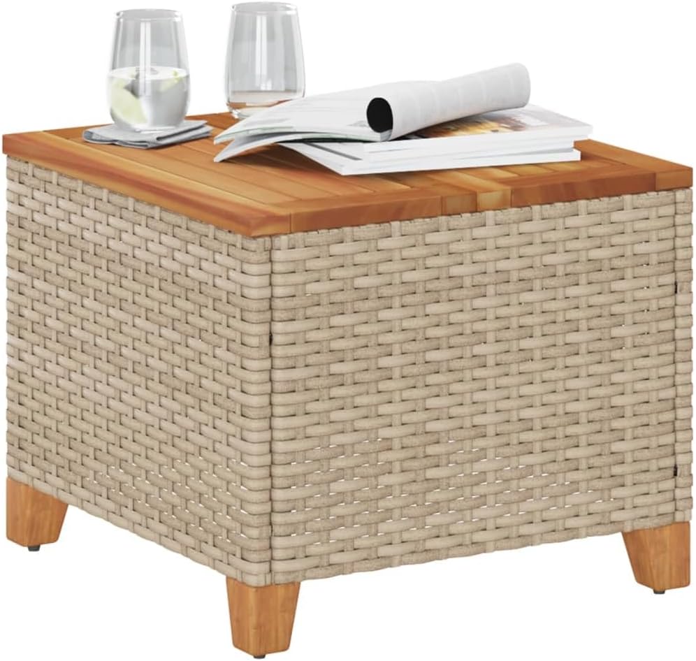 Patio Table Garden Table with Wood Top, Patio Coffee Table, Garden Small Coffee Table, Outdoor Coffee Table Tea Table Side Table, Beige 17.7"x17.7"x14.6" Poly Rattan Acacia Wood,-85