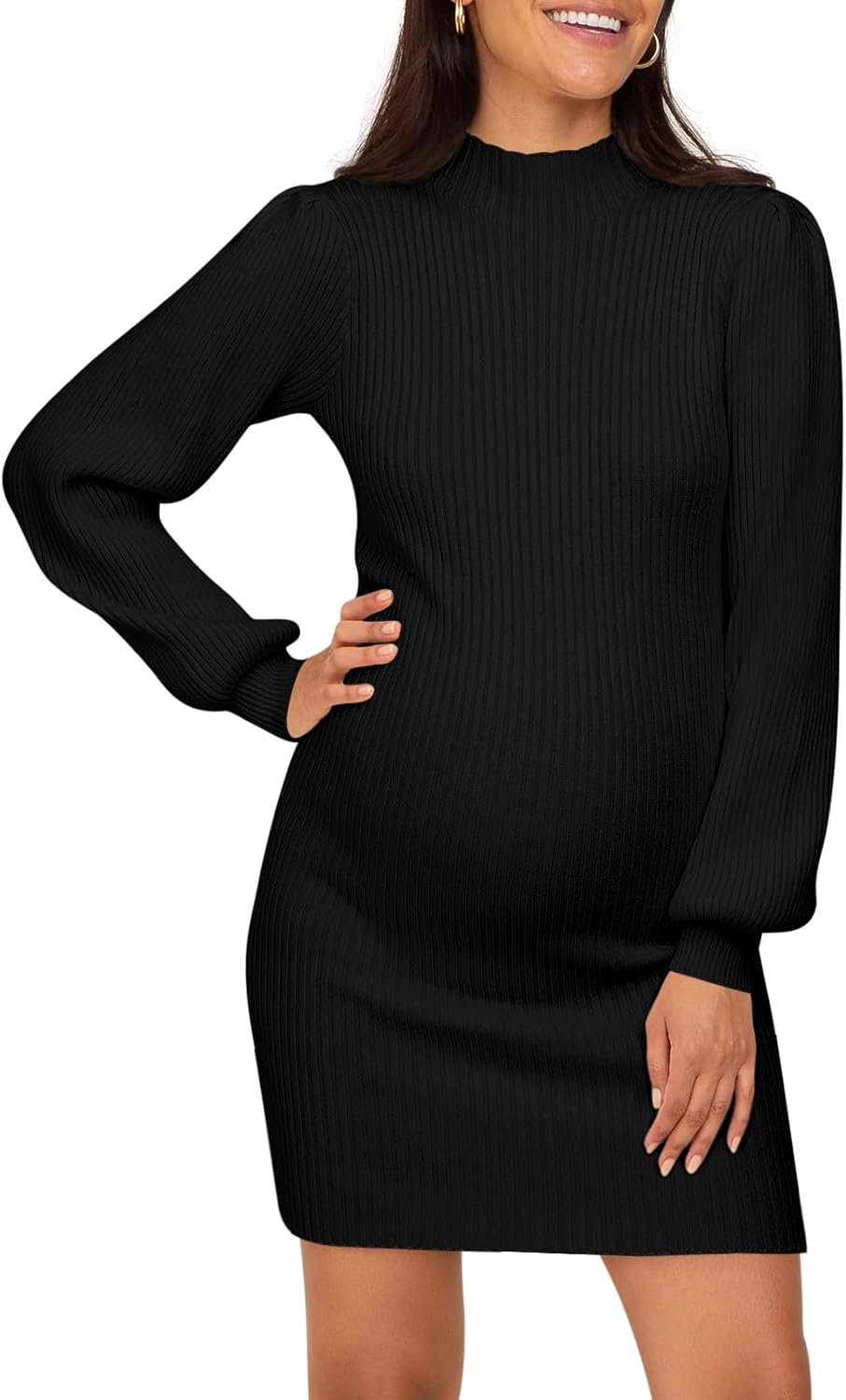 Lueluoye Maternity Sweater Dress for Pregnant Women Turtleneck Puff Sleeve Knit Slim Fit Bodycon Mini Dress
