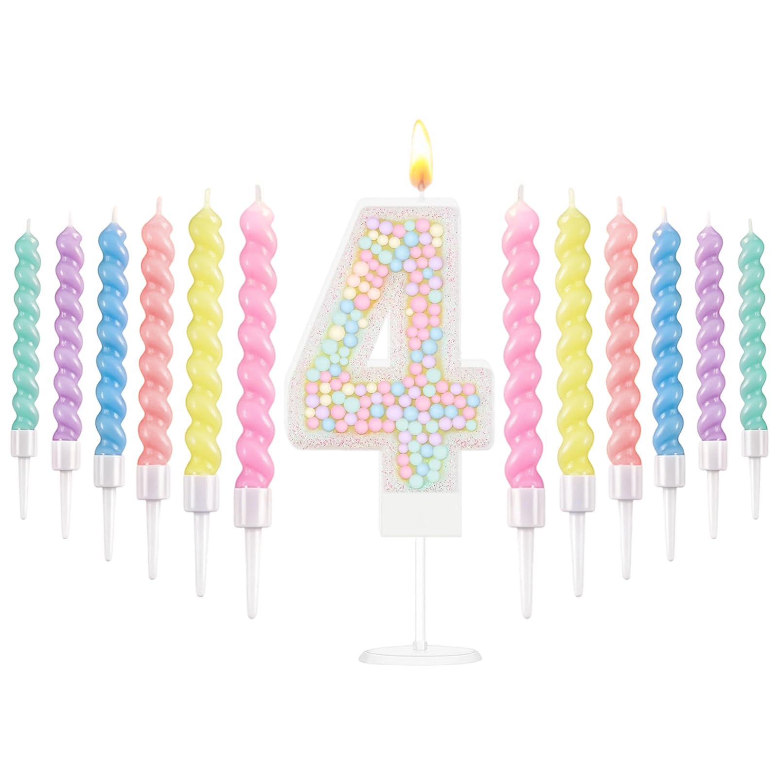 White Macaron 4th Birthday Candles Set, Number 4 Birthday Candle with 12pcs Spiral Candles for Girls Boy 4th Birthday Decorations, Rainbow Cake Topper for Party Decoration, Baby Showers Supplies