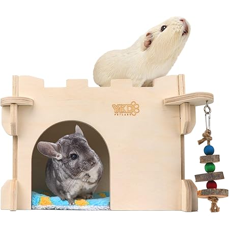 YKD Castle Chinchilla House - Small Animal Hideout for Chinchilla Guinea Pig Hedgehog, or Rat - Ventilated Wooden Hamster Habitat with Multiple Doors - Made from Natural Wood
