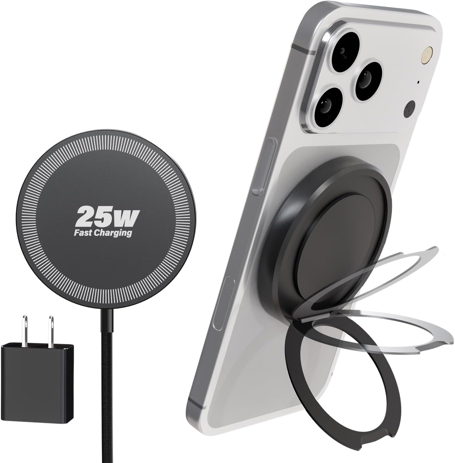 Magnetic Wireless iPhone Charger Fast Phone Charger with Kickstand, 6FT 25W Fast Phone Charging Pad Wireless Magnetic Charge for iPhone 17/17Air/16 Pro Max/16 Plus/15 Pro Max/AirPods3/2/Pro Black