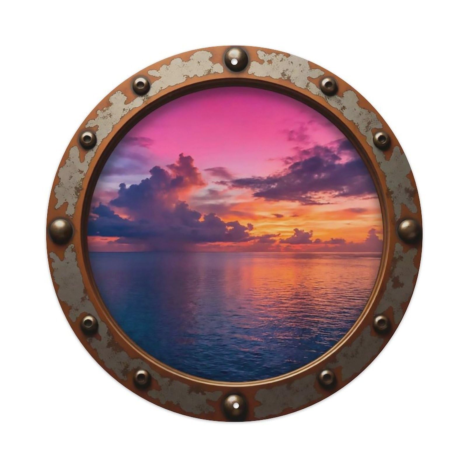 Vintage Porthole Magenta Dusk Nautical Window View Metal Tin Sign
