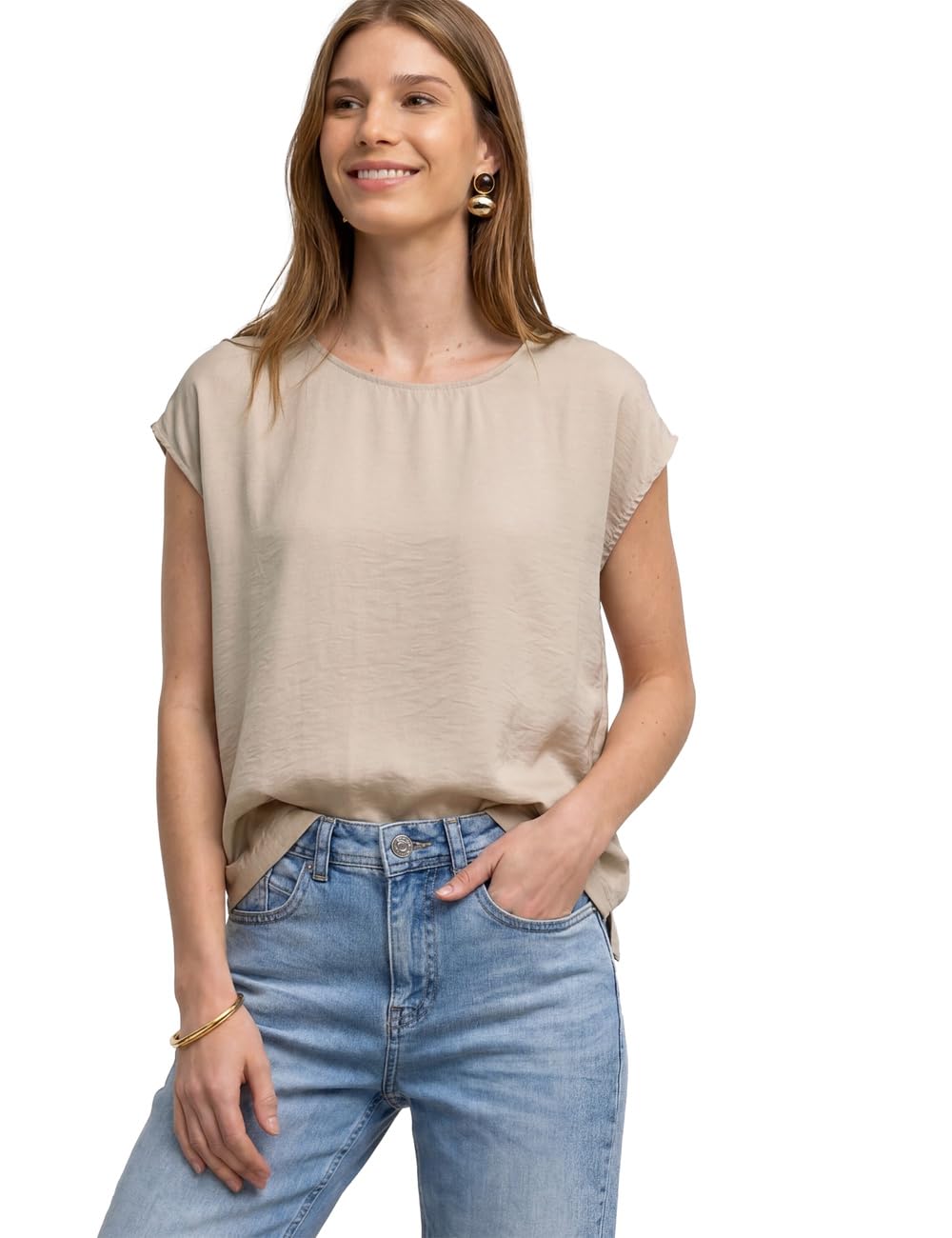 Street One Dropped Shoulder Blouse Shirt with Crew Neck Clay Sand 34